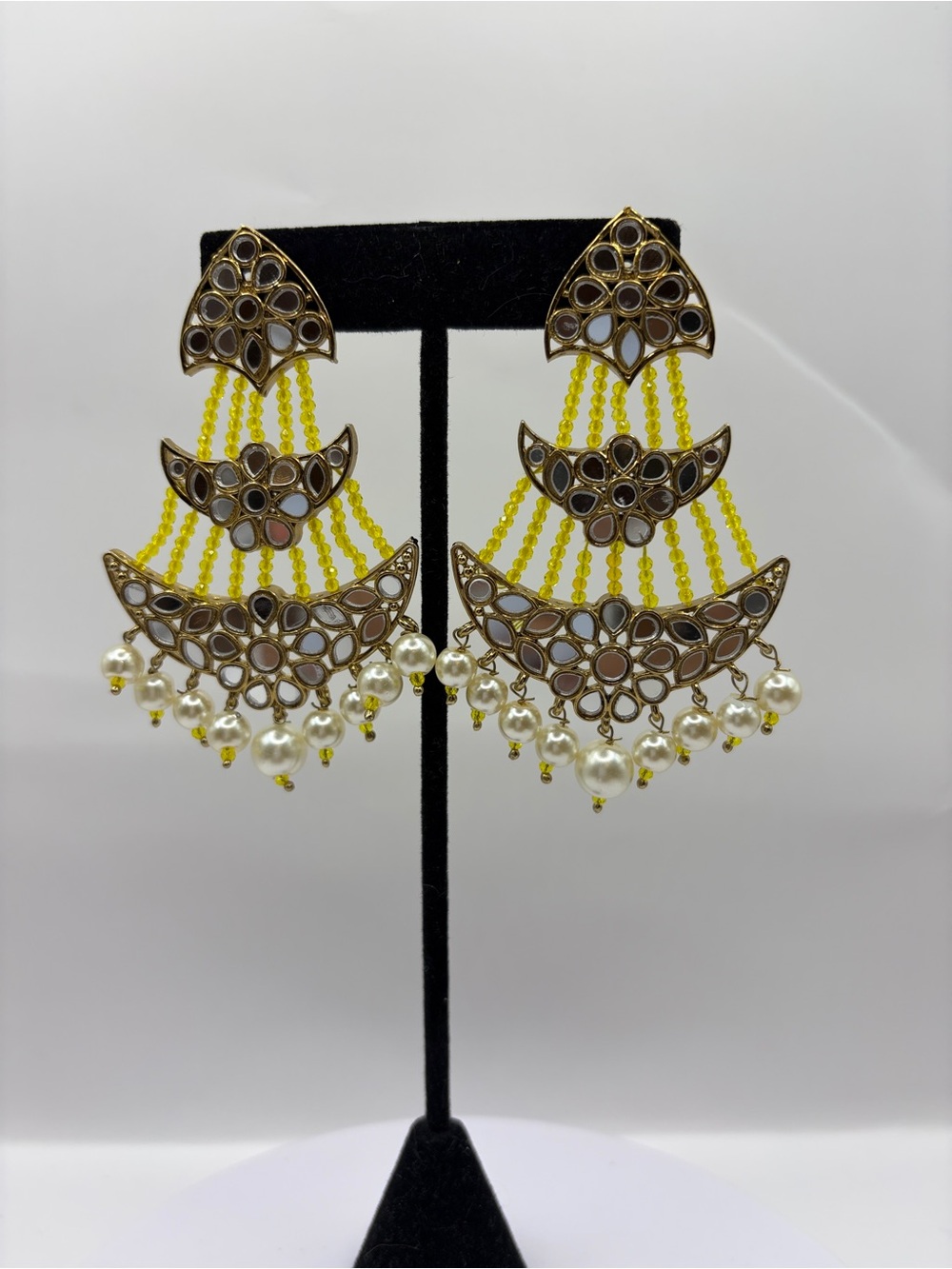 Gold and Yellow Mirror Beaded Pearl Chandbali Earrings - Women Jewelry
